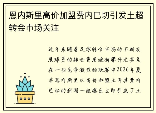 恩内斯里高价加盟费内巴切引发土超转会市场关注